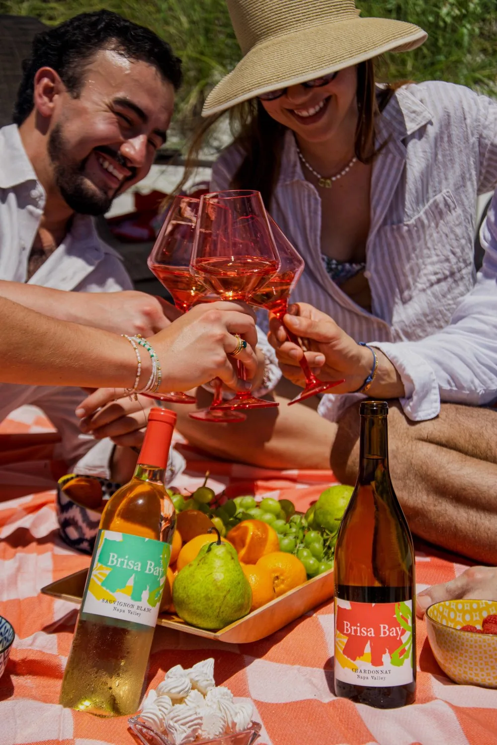 Friends clinking glasses of Brisa Bay over a picnic blanket